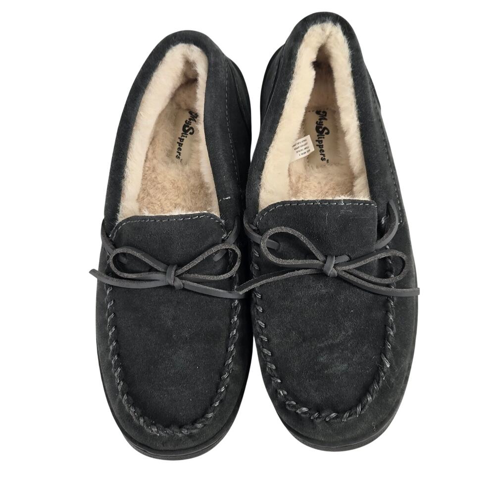MySlippers Grey Charcoal Suede Leather Moccasin Faux Fur Lining Mens 8 Comfort